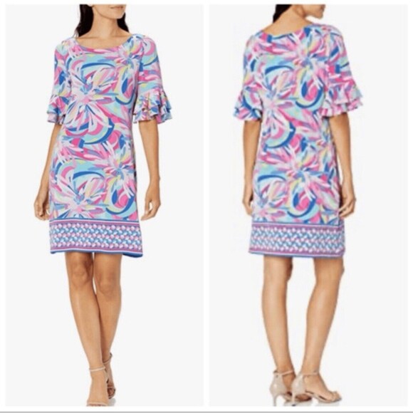 Pappagallo Victoria Preppy Pastel Abstract Print 3/4 Ruffle Sleeve Shift Dress M - Picture 1 of 4